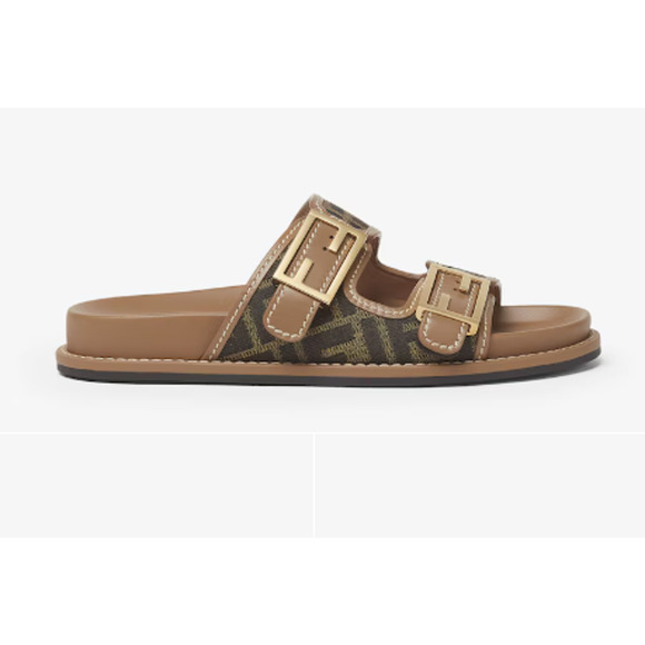 Fendi FF Fabric Logo Zucca Flat Slides Sandasls Brown Women's Size 40.5/US 10.5 - Picture 1 of 8